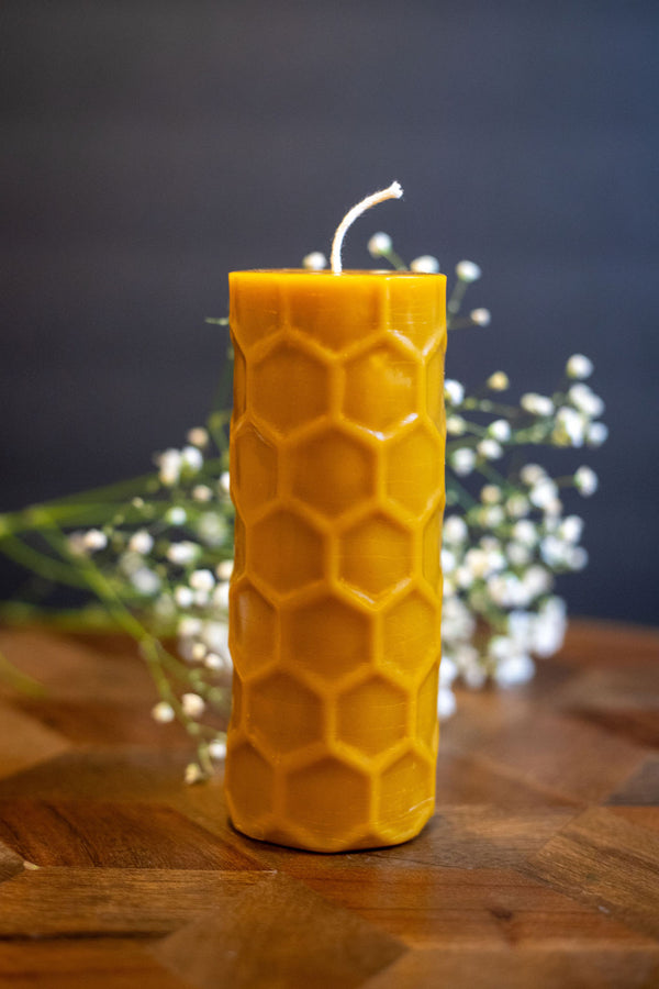 Pure Beeswax Honeycomb Pillar Candle – 6” Natural Long-Burning